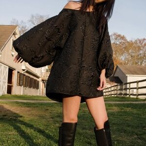 NEW Arianne Elmy Black Floral Embroidered Balloon Sleeve Crop Top Womens S NWT